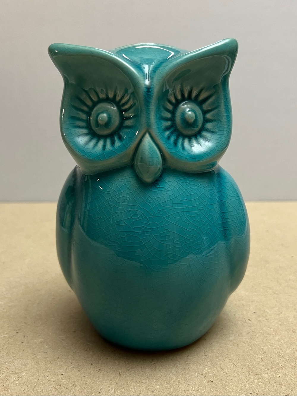 Vintage Teal Crackle Ceramic Owl Bank Figurine